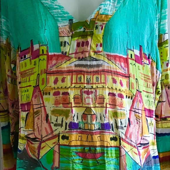 Cato long sleeve top very artistic detail size Large 💋green orange summe - Picture 3 of 7